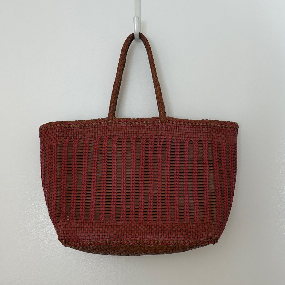 Dragon Diffusion Red and Brown Woven Leather Tote